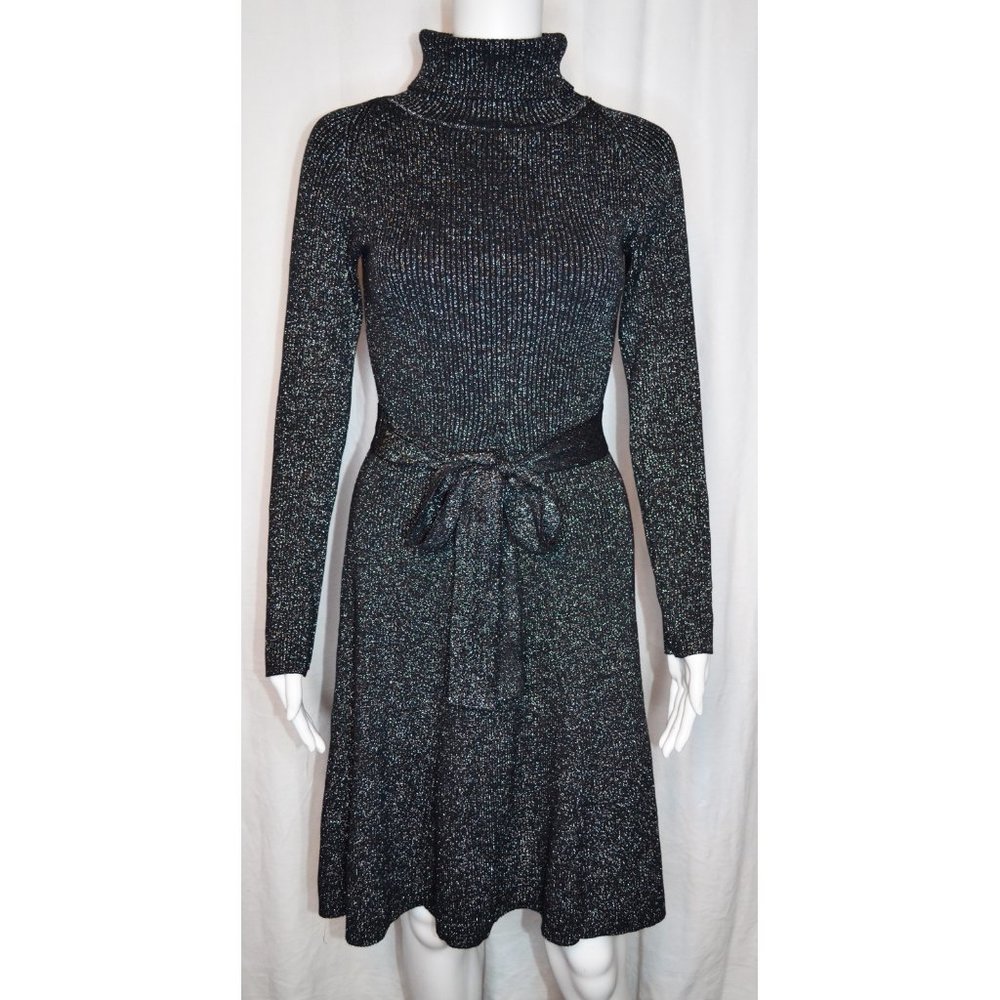Alex Marie Metallic Sparkle Black Turtleneck Sweater Dress Size S